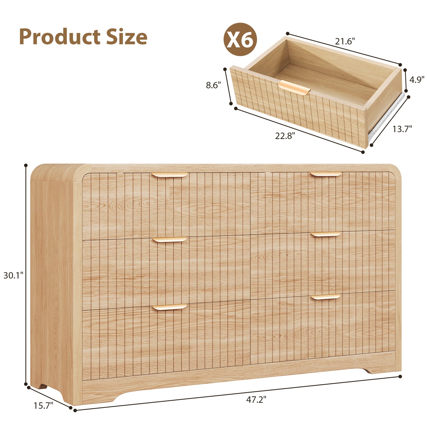 Anyact Modern 6 Drawers Dresser for Bedroom, 47.3" Long Dressers with Metal Handle w/Curved Profile Design, Wood Mid Century Vertical Dresser w/Natural Texture for Bedroom, Living Room, Natural Oak