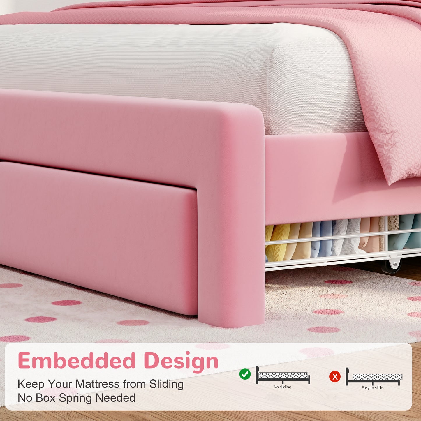Hijob Pink Velvet Upholstered Platform Full Size LED Bed Frame with Drawer Adjustable Lighted Headboard for Girls Kid's Bedroom, Pink