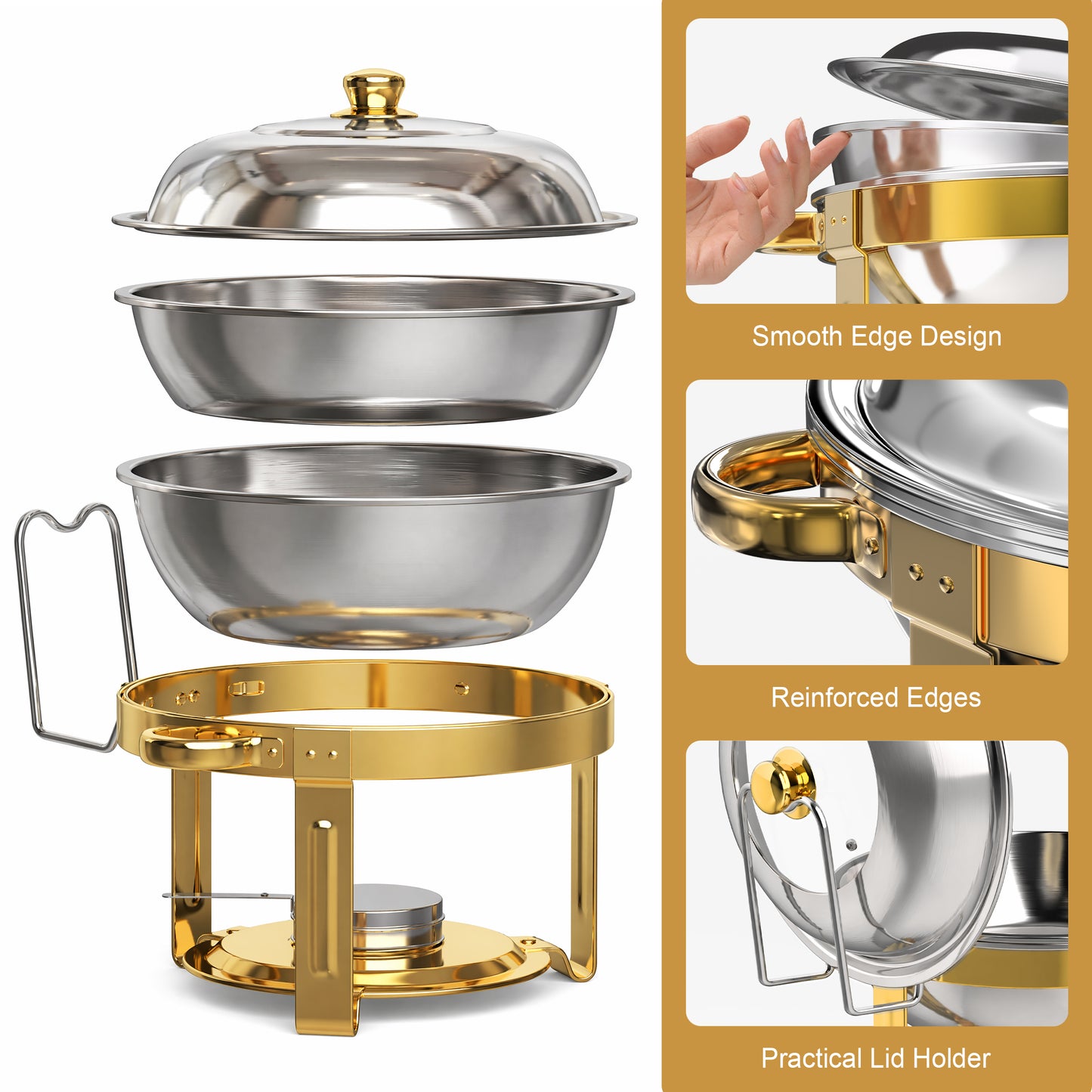 Vipuse Chafing Dishes for Buffet, 4 Pack 5QT Round Stainless Steel Chafing Dish Set for Home Parties, Christmas Gatherings, Catering Events Complete Buffet Warmer Set, Golden