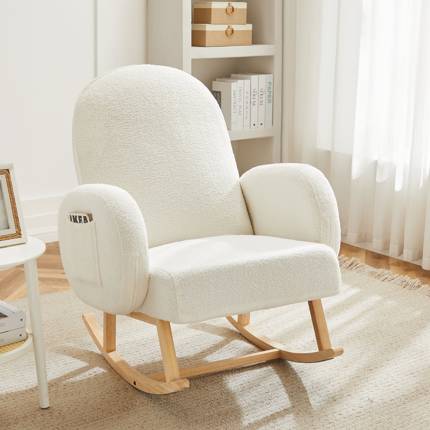 Nifamembo Teddy Nursery Rocking Chair with Solid Wood Legs, Glider Chair with Two Side Pockets for Living Room