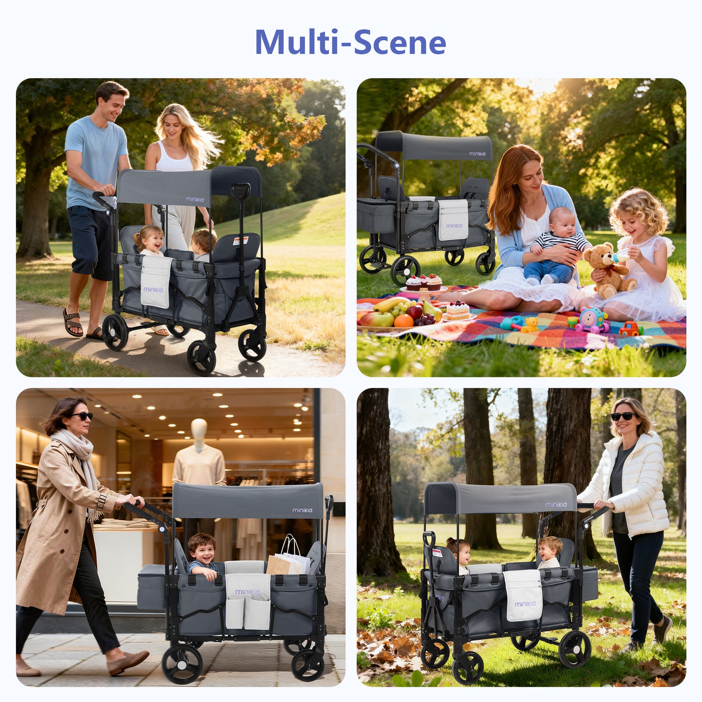 Minikid Stroller Wagon for 2 Kids, Baby Wagon Stroller with Adjustable Handle for Infants and Toddlers Includes Canopy & Organizer, Foldable and Convenient for Storage