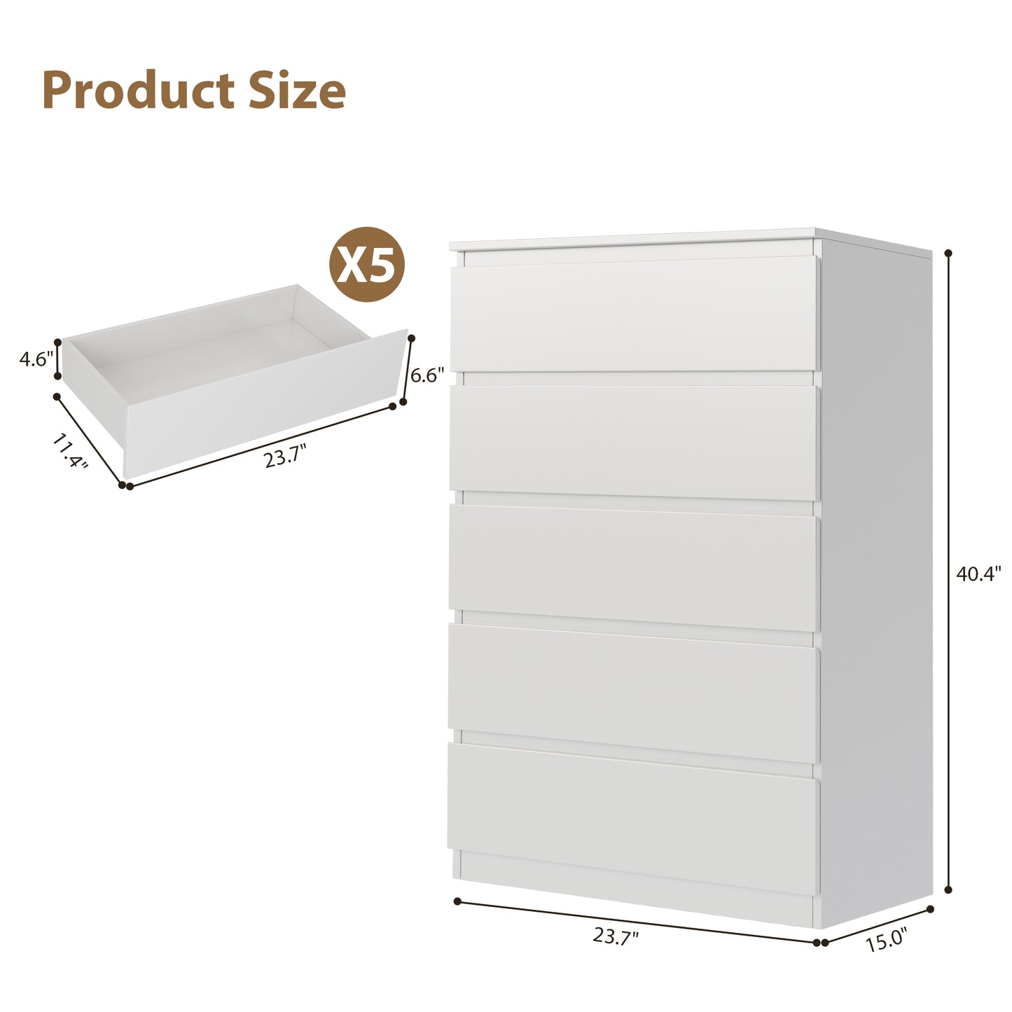 Hijob 5 Drawer Dresser, Modern Storage Cabinet for Bedroom, 40" Tall Chest Mid Century Vertical Dresser w/Natural Texture of Drawers for Living Room, Bed room, White