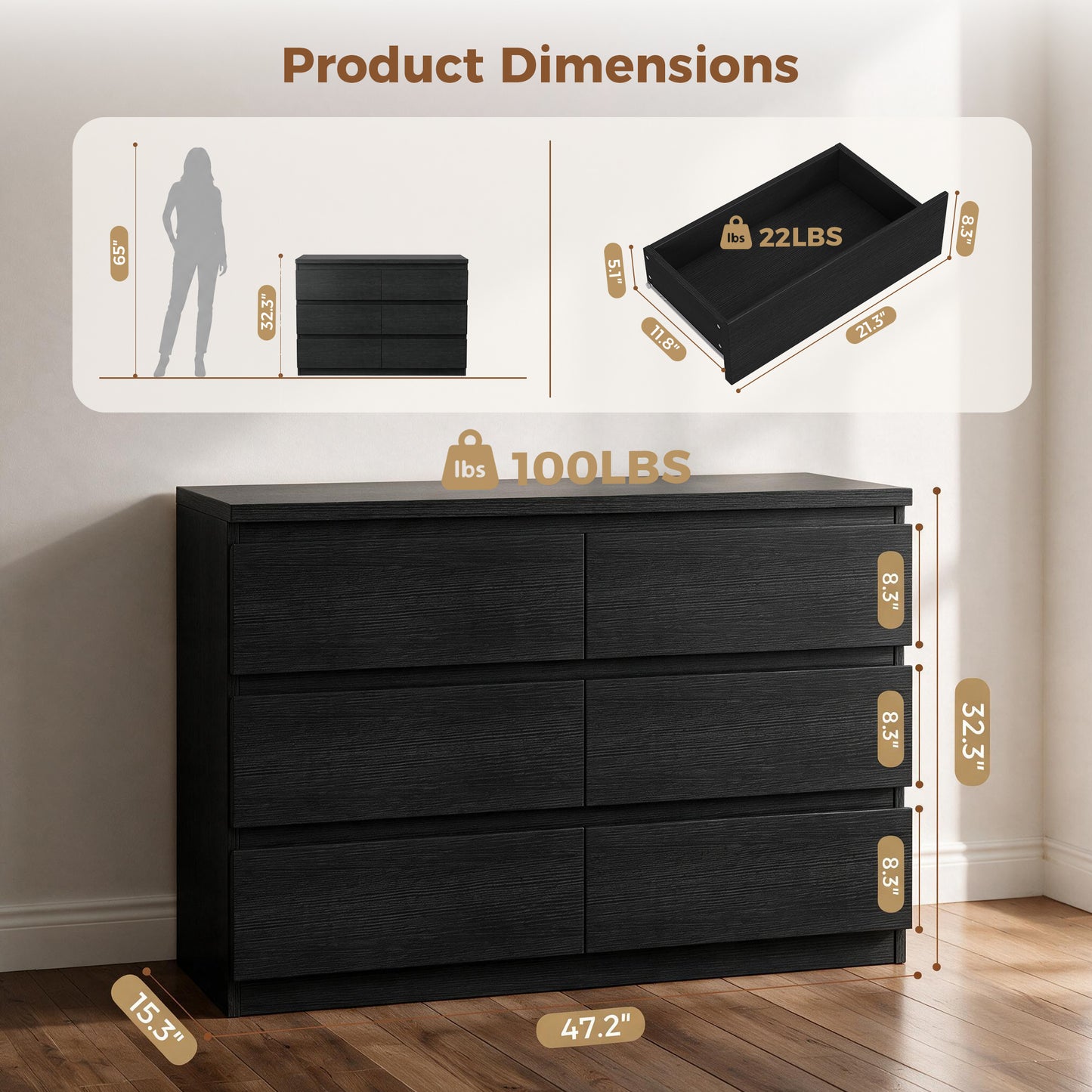 Hijob 6-Drawer Dresser, Modern Dresser 47.3" W x 15.4" D x 32.3" H Sturdy Simply Chest of Drawers, Handle-Free Storage Organizer and Deep Drawers for Bedroom Living Room Entryway, Black