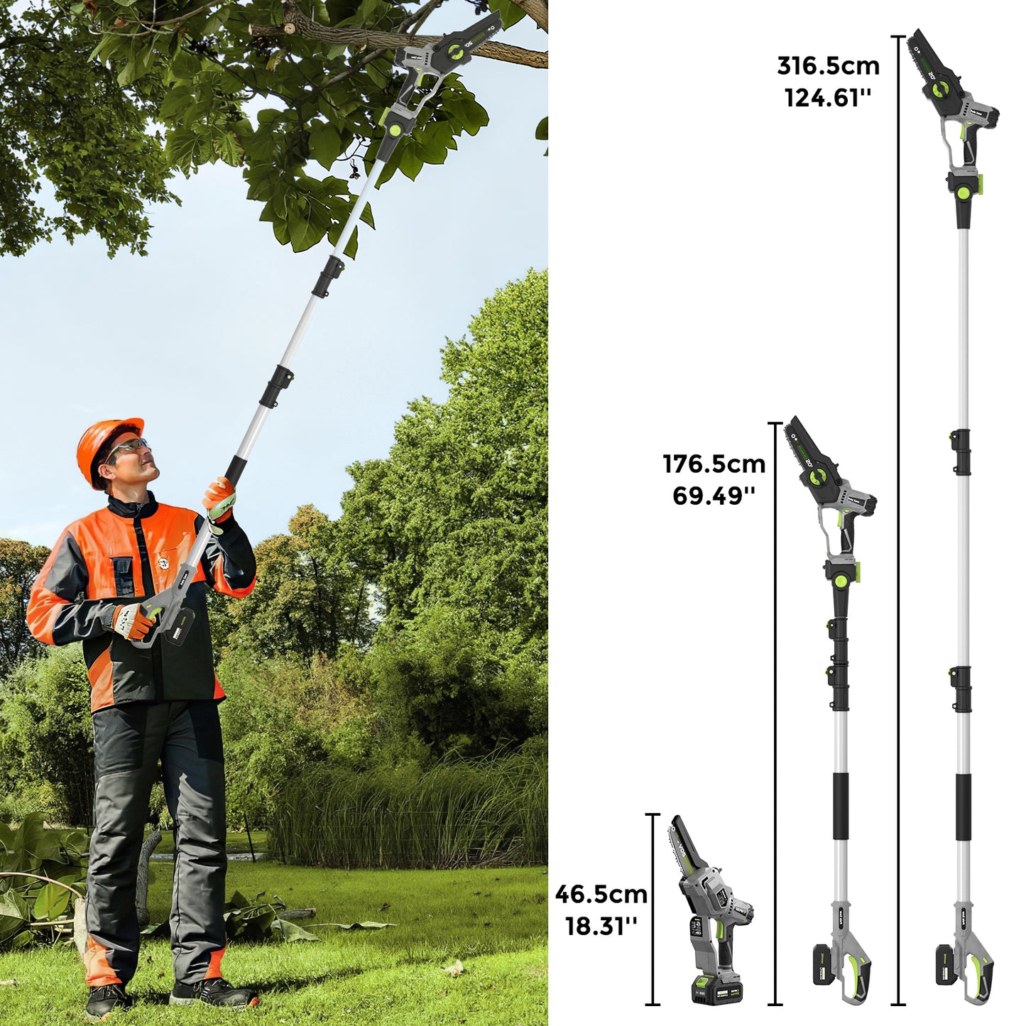 Vipuse 2-in-1 Brushless Cordless 16 FT Max Extension Pole Saws with Two 4.0Ah Rechargeable Batteries and 2.0Ah Fast Charger, 5.5lb Lightweight Auto Oiling 7 Inch Mini Chainsaws for Tree Trimming