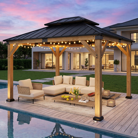 Vipuse 12FT(L) x 10FT(W) x 9.5FT(H) Outdoor Wood Gazebo, Hardtop Gazebo Permanent Wooden Pavilion with Galvanized Steel Double, Roof Snow Support for Patio, Garden, Deck, Cedar Wood