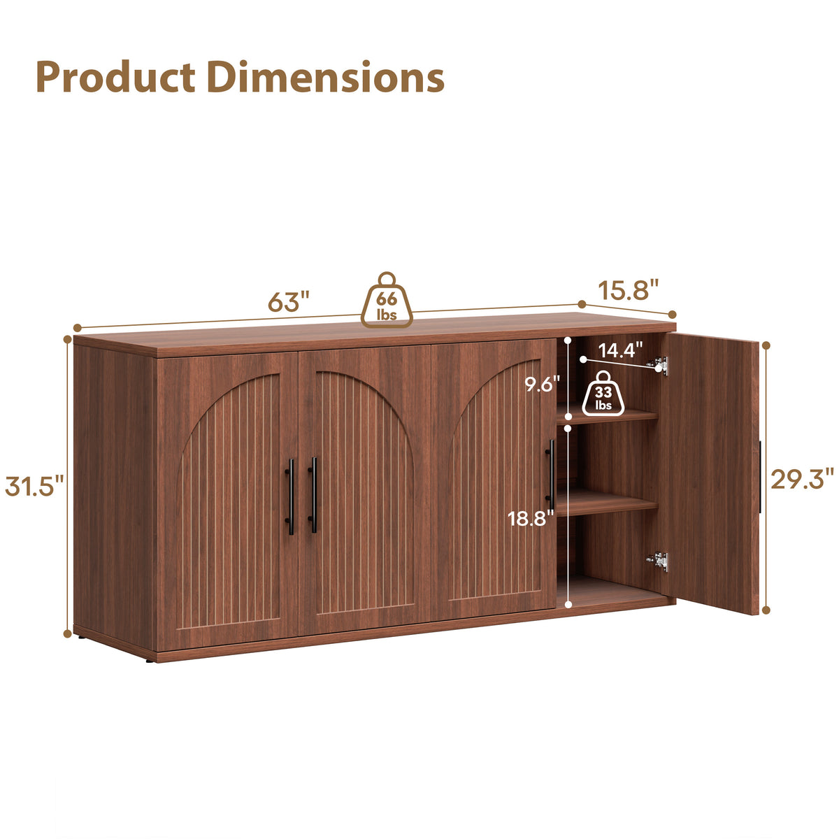 Hijob 63" Width Sideboard with Arched Grooved 4 Doors, Buffet Cabinet Adjustable Shelves for Entryway, Living Room and Dining Room, Walnut