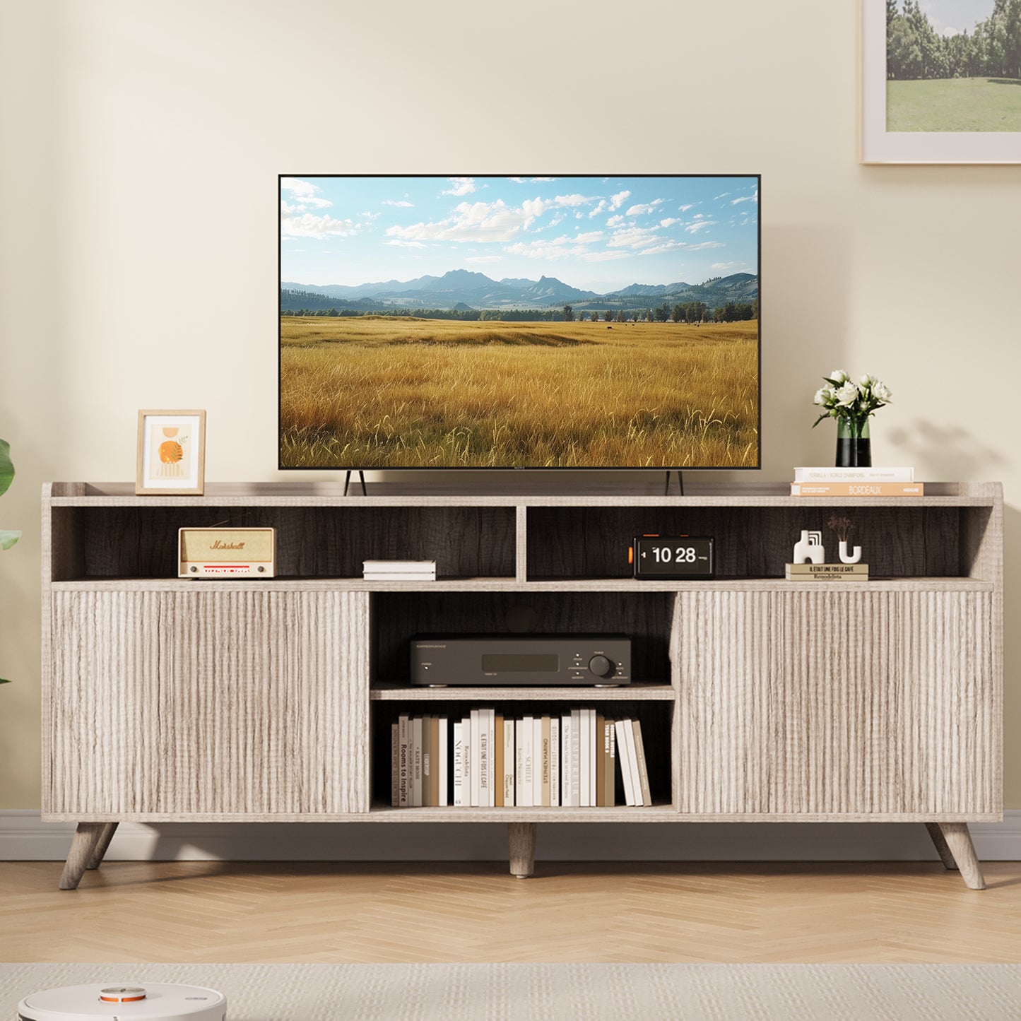 Anyact Modern Fluted-Door TV Stand for 55-65 inch TV, Entertainment Center with Storage Cabinets for Living Room(Sunwashed Ash Oak)
