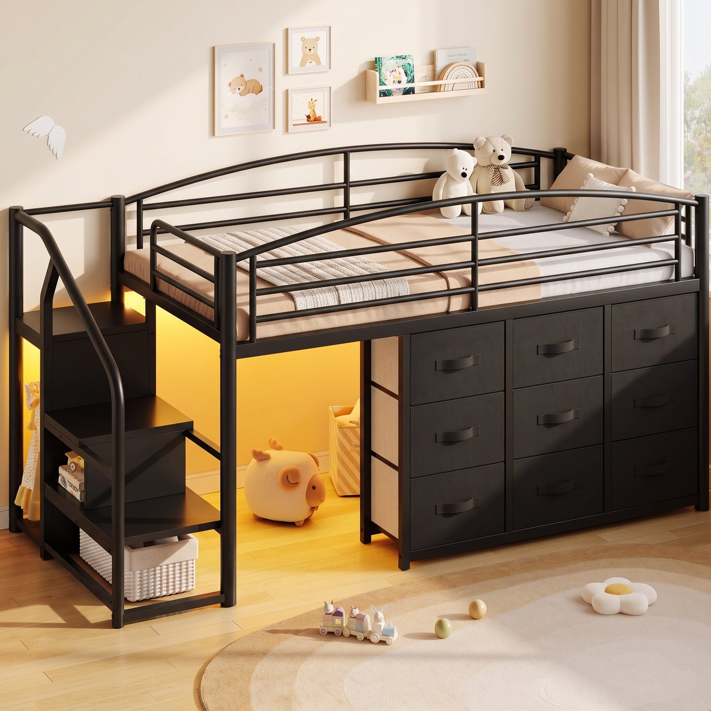 Hijob Low Loft Bed Twin Size, Black Metal Frame Kids Bed with LED Lights, Safety Guardrail & Play Curtain for Under-Bed Fun