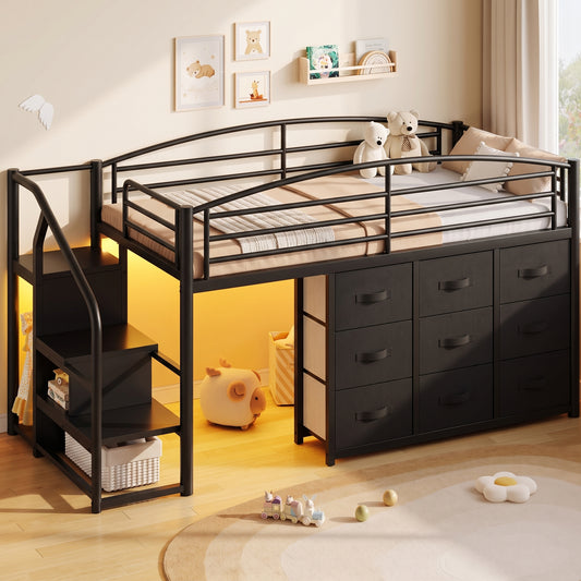 Hijob Low Loft Bed Twin Size, Black Metal Frame Kids Bed with LED Lights, Safety Guardrail & Play Curtain for Under-Bed Fun