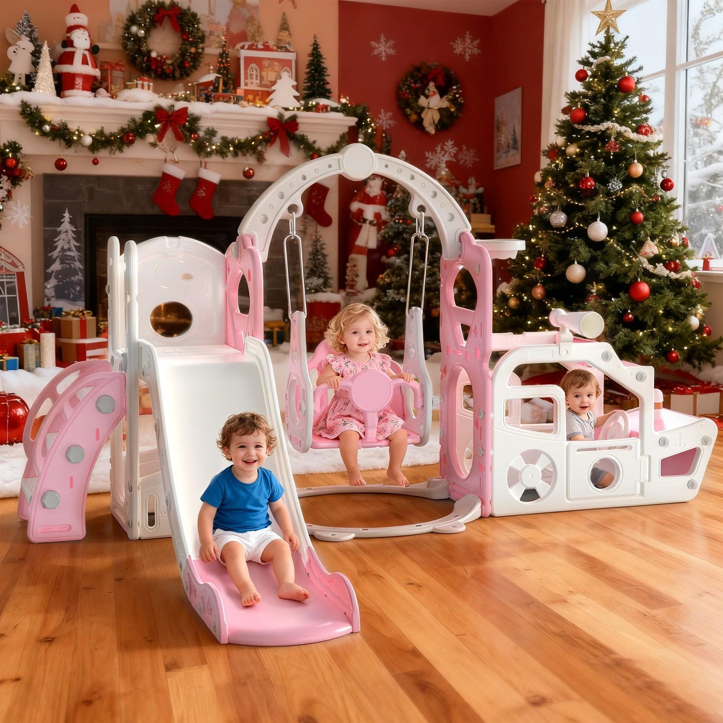 Vipuse 6 in 1 Kid Slide, Indoor and Outdoor Toddler Playground for Girls Age 1-3,Pink