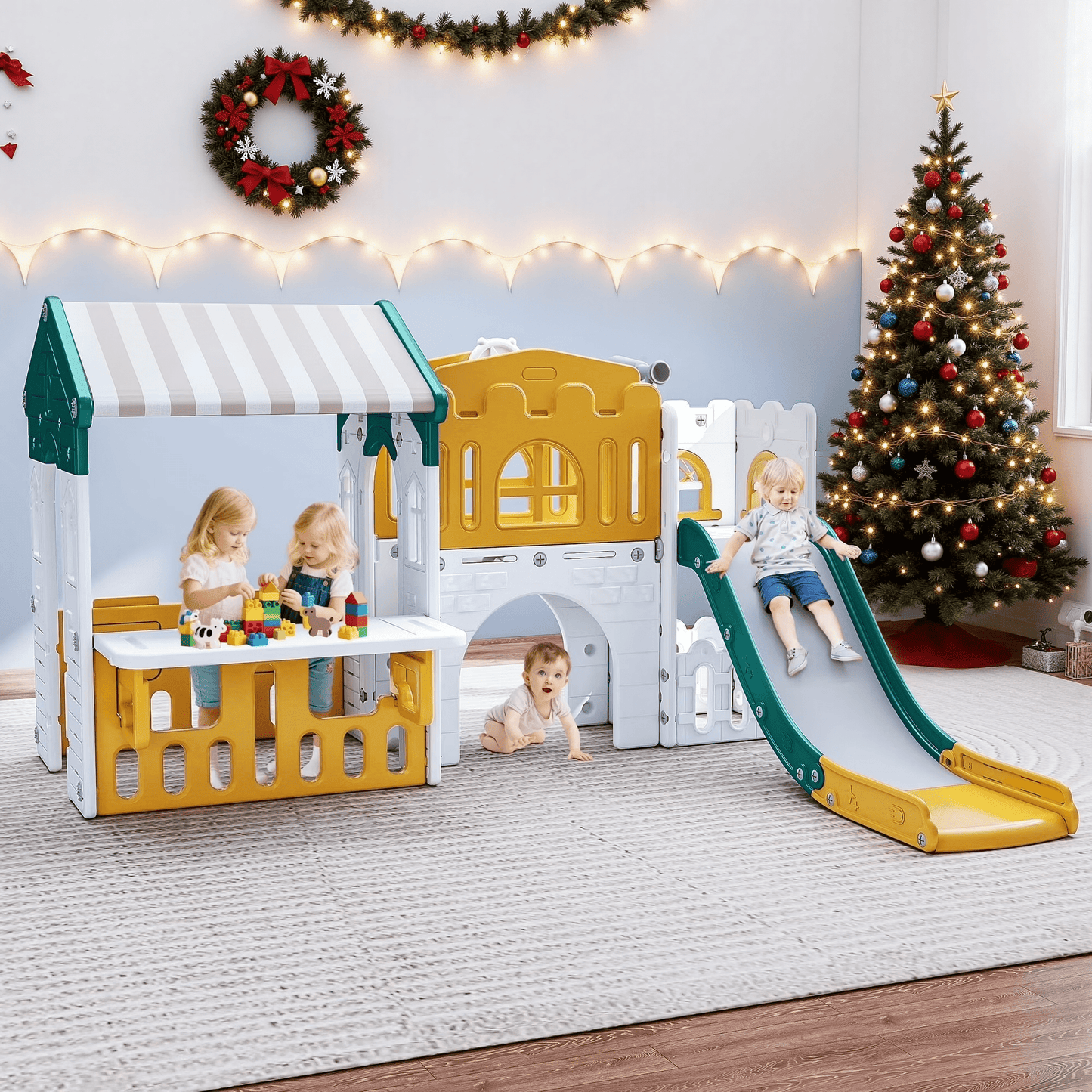 Vipuse Playhouse Playsets with Slide, 9 in 1 Playground Toddler Slide for Indoor Outdoor Backyard,Yellow & Green