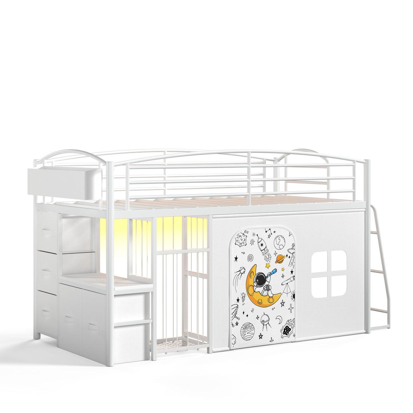 Hijob Low Loft Bed Twin Size with 5 Storage Drawers, Desk, LED Lights & Cozy Privacy Curtain – Sturdy Metal Frame, 13.8" Safety Guardrail, White