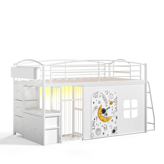 Hijob Low Loft Bed Twin Size with 5 Storage Drawers, Desk, LED Lights & Cozy Privacy Curtain – Sturdy Metal Frame, 13.8" Safety Guardrail, White