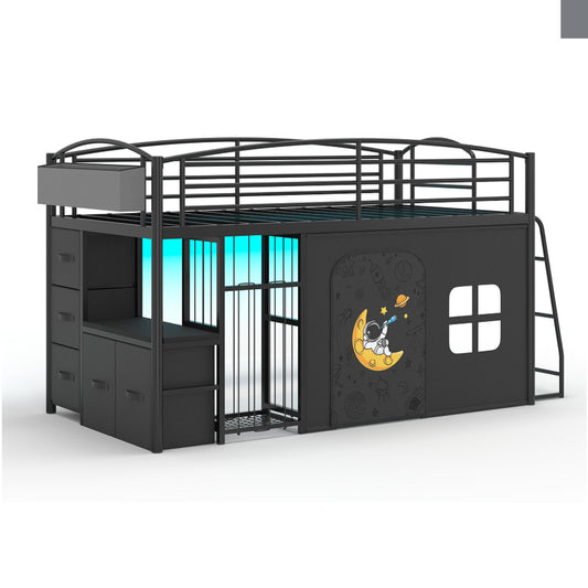Hijob Twin Low Loft Bed with 5 Storage Drawers, Desk, LED Lights & Cozy Privacy Curtain – Sturdy Metal Frame, 13.8" Safety Guardrail, Black
