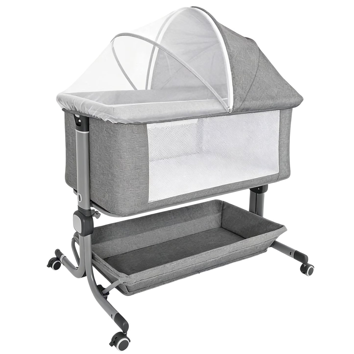 Anyask Baby Bedside Bassinet, 6 Height Adjustable Crib with Mosquito Net&Storage&Lockable Wheels for Infants, Light Grey