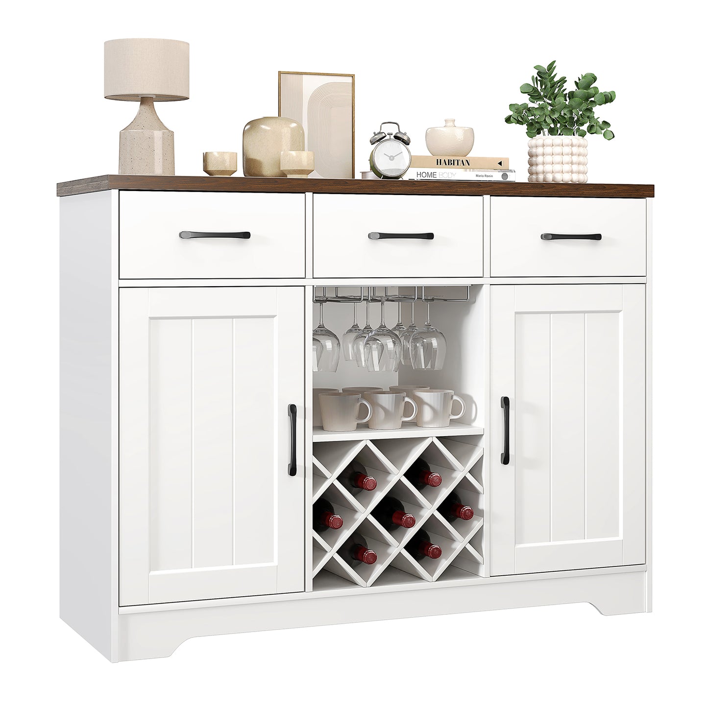 Nifamembo Modern Sideboard Buffet Cabinet w/Wine & Glass Rack, 3 Drawers with 2 Adjustable Shelf for Kitchen