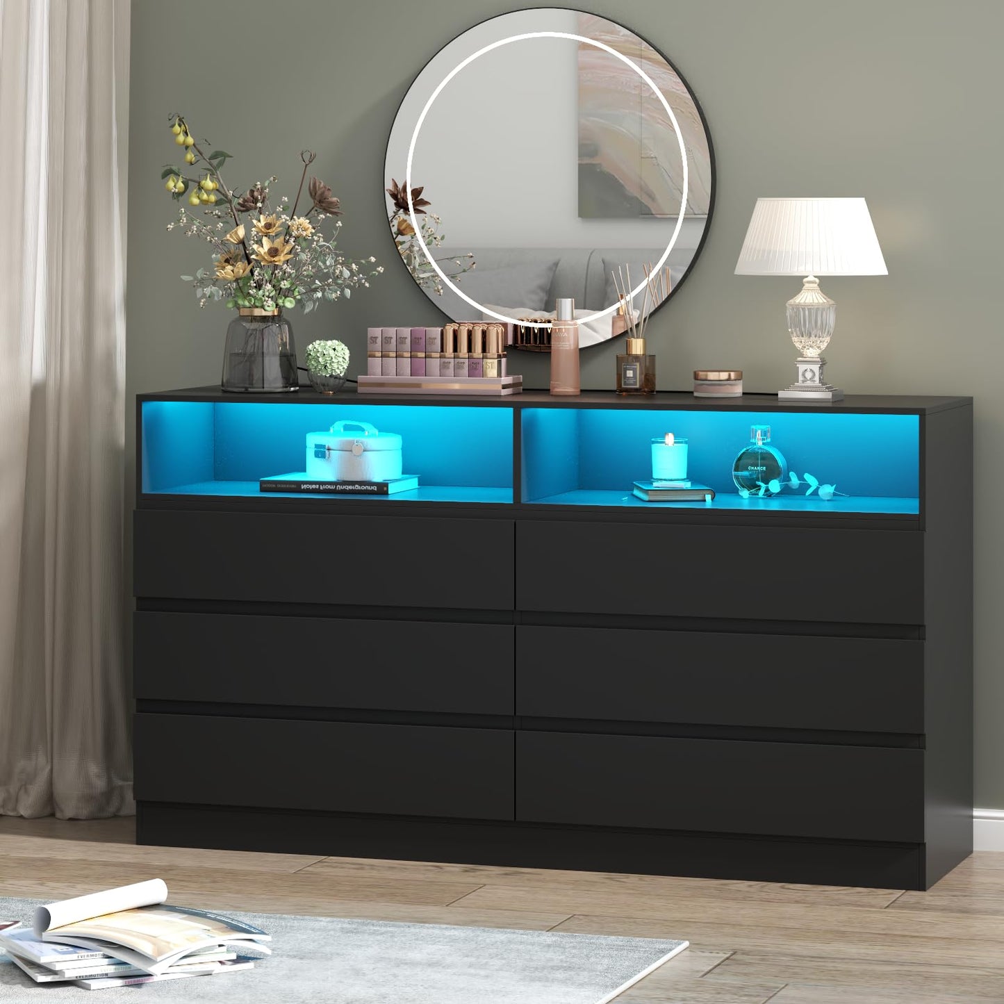 Nifamembo Modern 6 Drawer Double Dresser with LED Light, Black