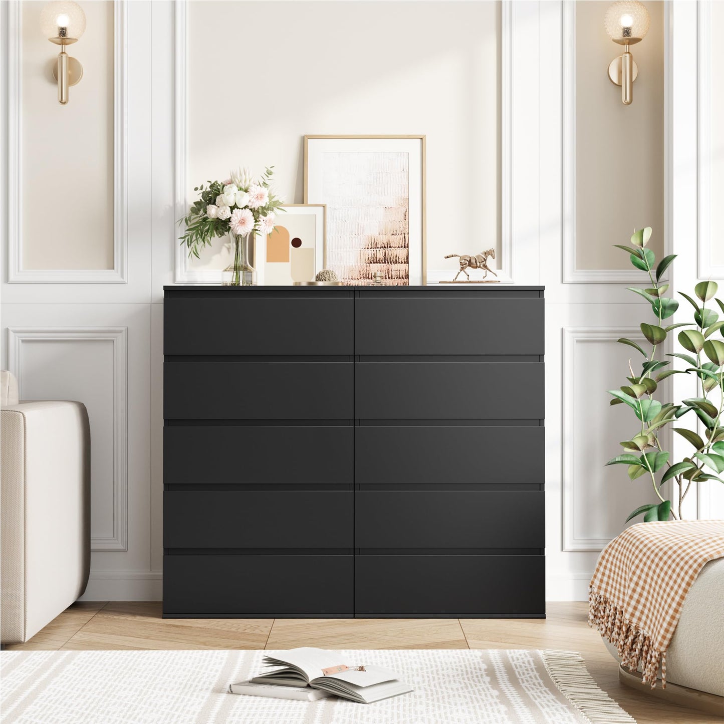 Nifamembo Modern 5 Drawer Dresser with Led, Bedroom Dressers & Chests, Black