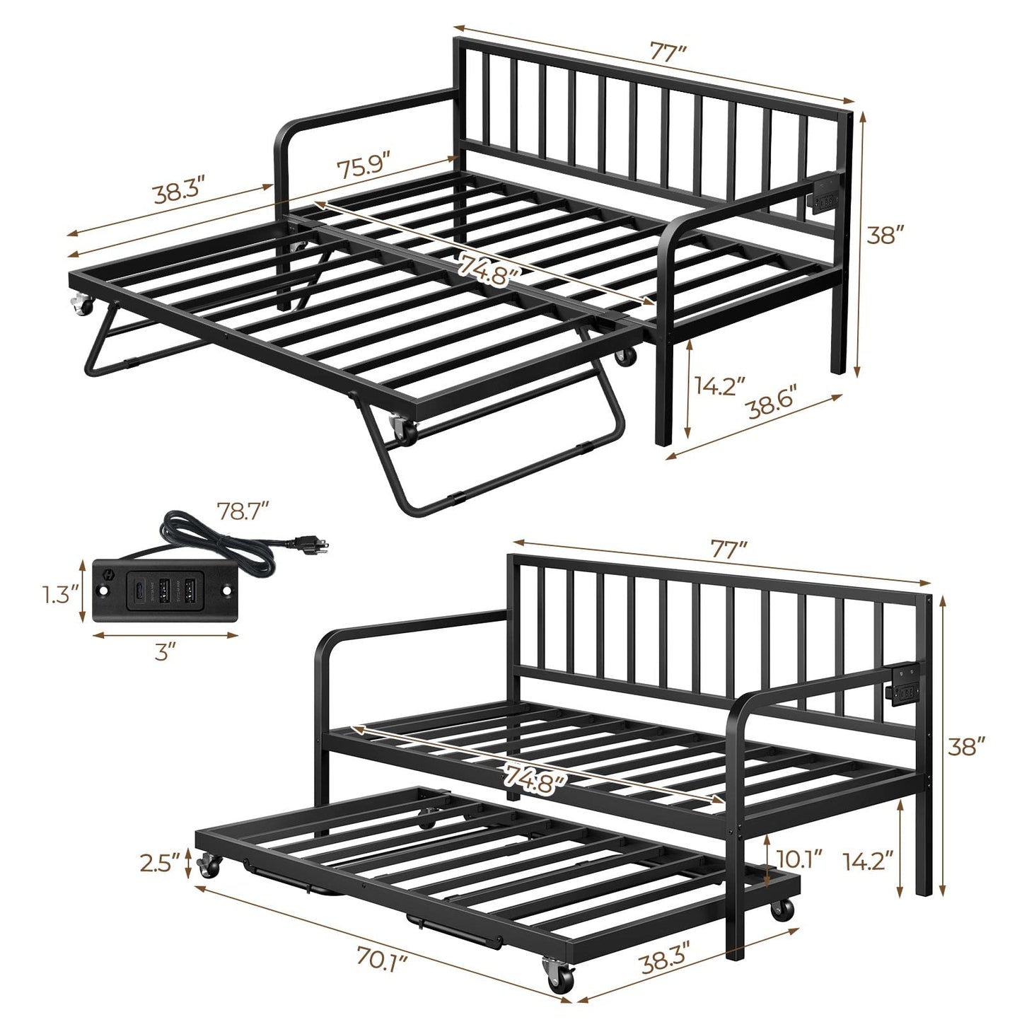 Nifamembo Daybed with Trundle Bed, Twin Bed Frame, Metal Sofa Day Bed with Pop Up Trundle and Steel Slat Support for Living Room, Bedroom