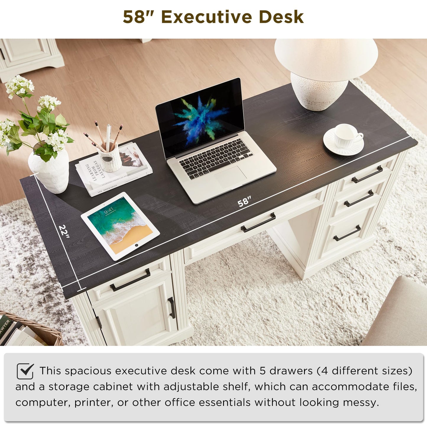 Nifamembo 58 Inch Large Computer Desk with Keyboard Tray, Embossed Texture Home Office Desk, Workspace for Work Study Writing