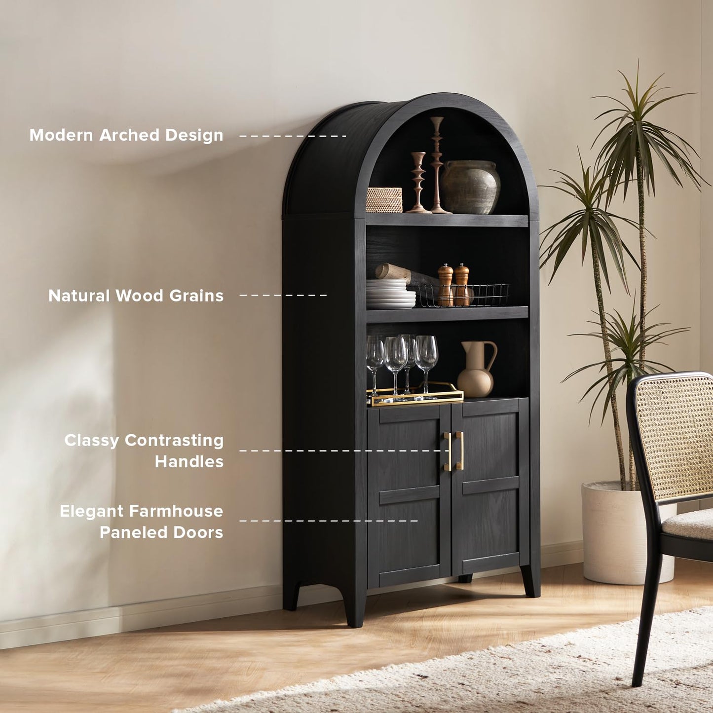 Nifamembo Farmhouse Arched Bookshelves and Bookcases with Doors Floor Standing 5 Shelf Display Storage Shelves 71 in Tall Bookcase for Home Office, Living Room, Black