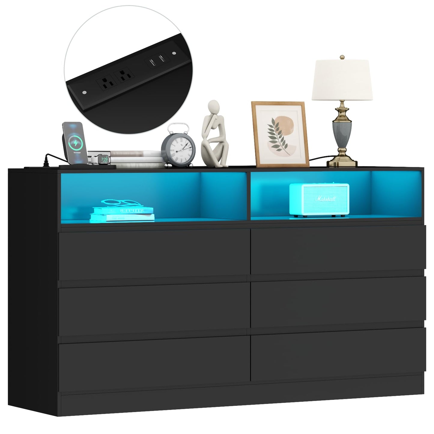 Nifamembo Modern 6 Drawer Double Dresser with LED Light, Black