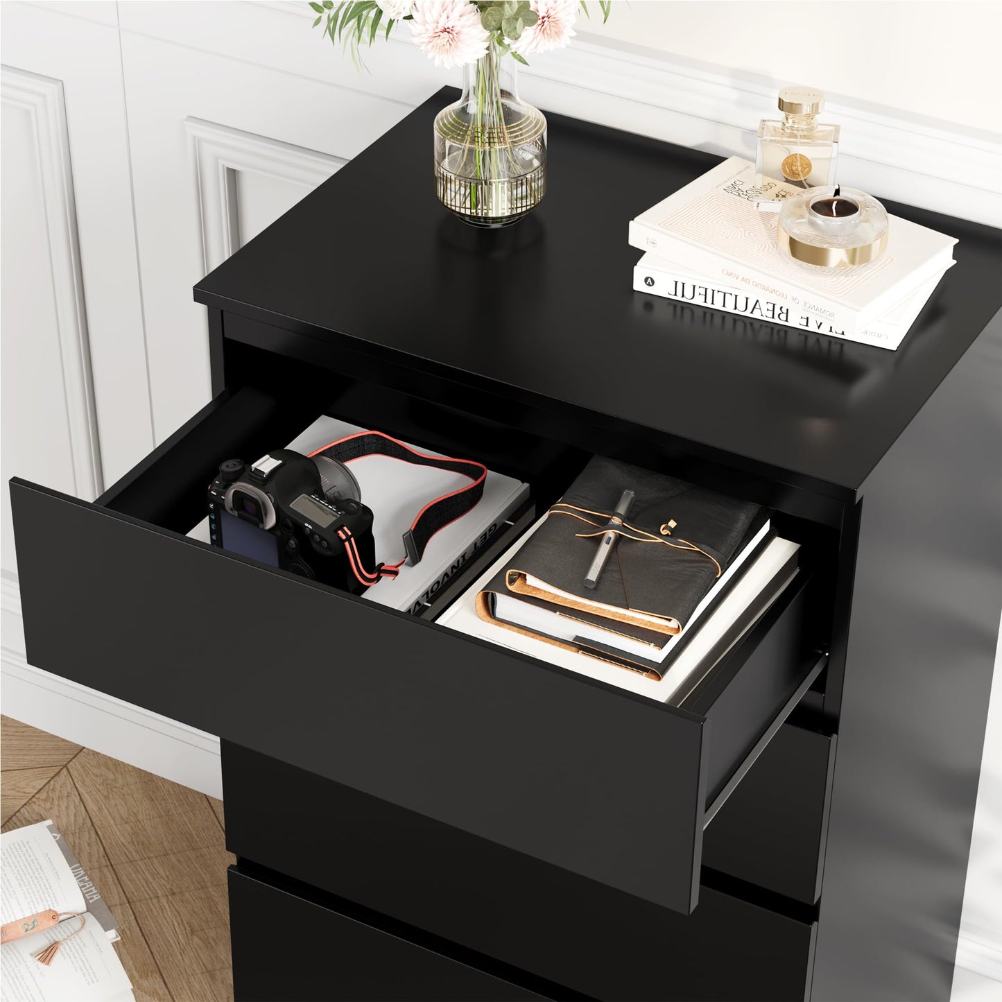 Nifamembo Modern 5 Drawer Dresser with Led, Bedroom Dressers & Chests, Black