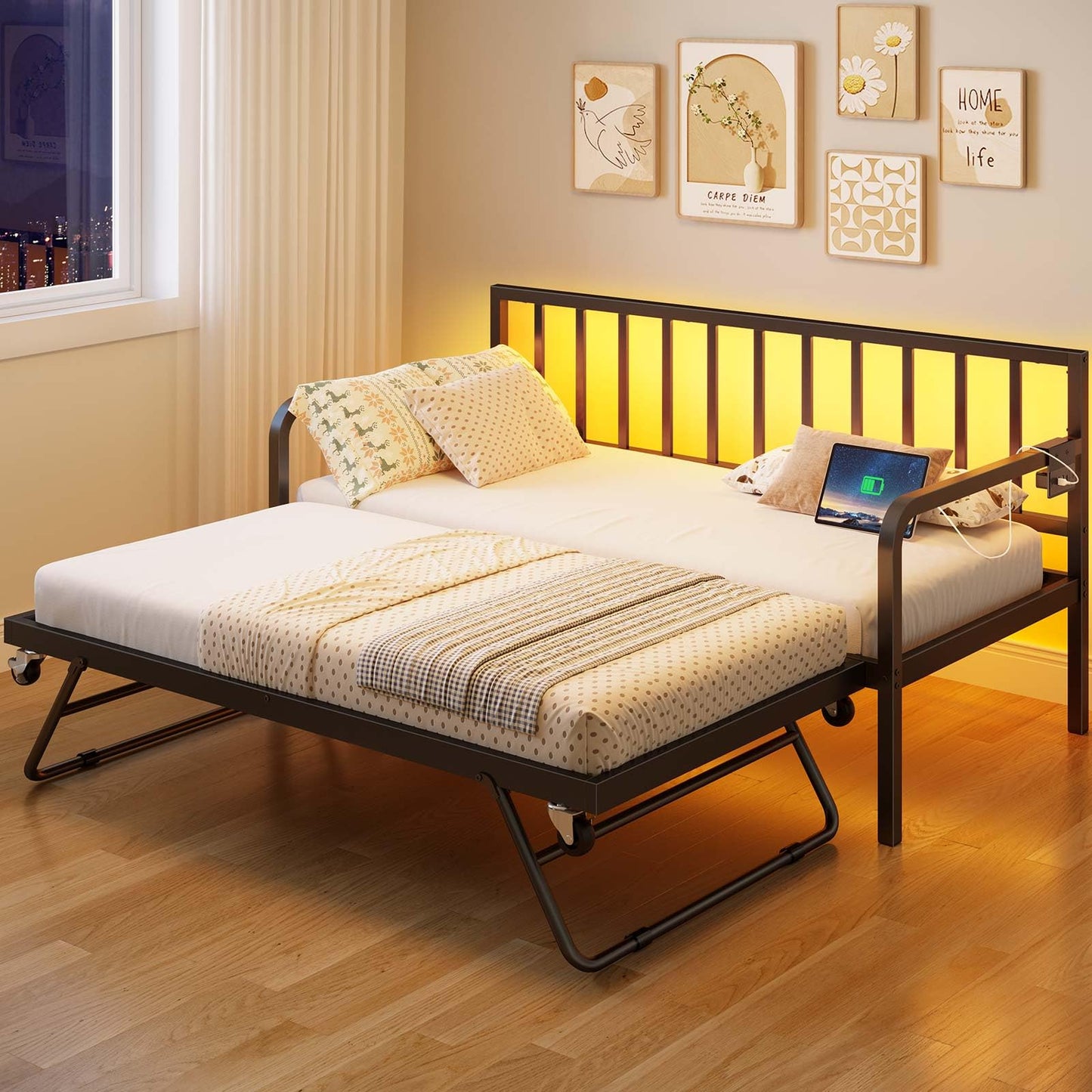 Nifamembo Daybed with Trundle Bed, Twin Bed Frame, Metal Sofa Day Bed with Pop Up Trundle and Steel Slat Support for Living Room, Bedroom