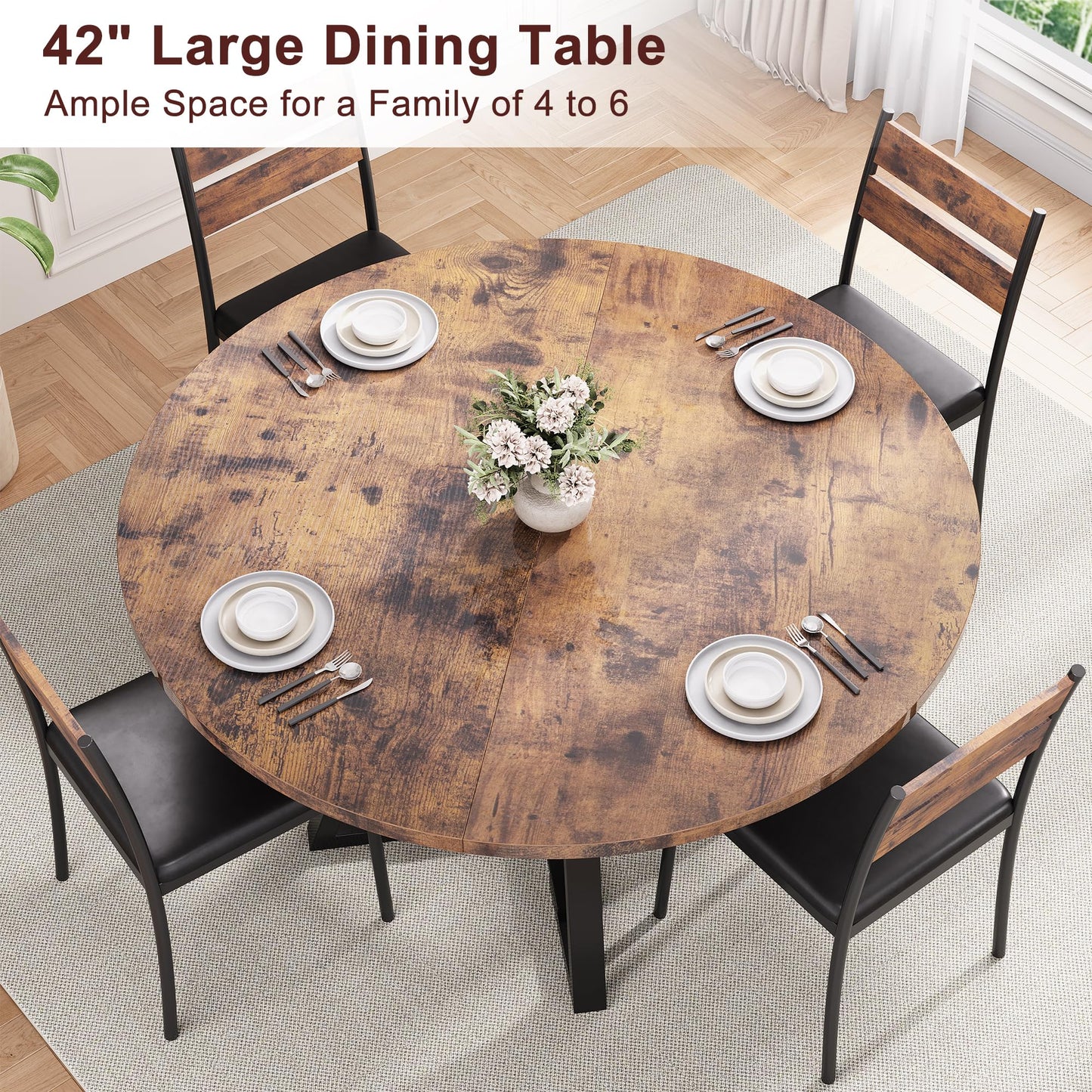 Nifamembo Round Dining Table for 4, Mid-Century Circle Table with Wood Grain Tabletop, Metal Legs for Home Dining Room, 42 IN