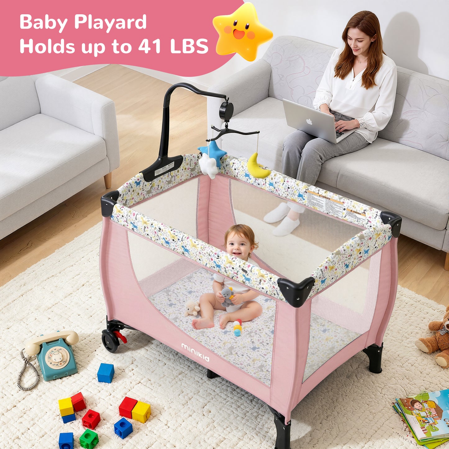 Minikid Baby Playard with Bassinet,Unisex Playpen Include Music Box and Hanging Toys,Portable Crib for Newborn to Toddlers,Pink
