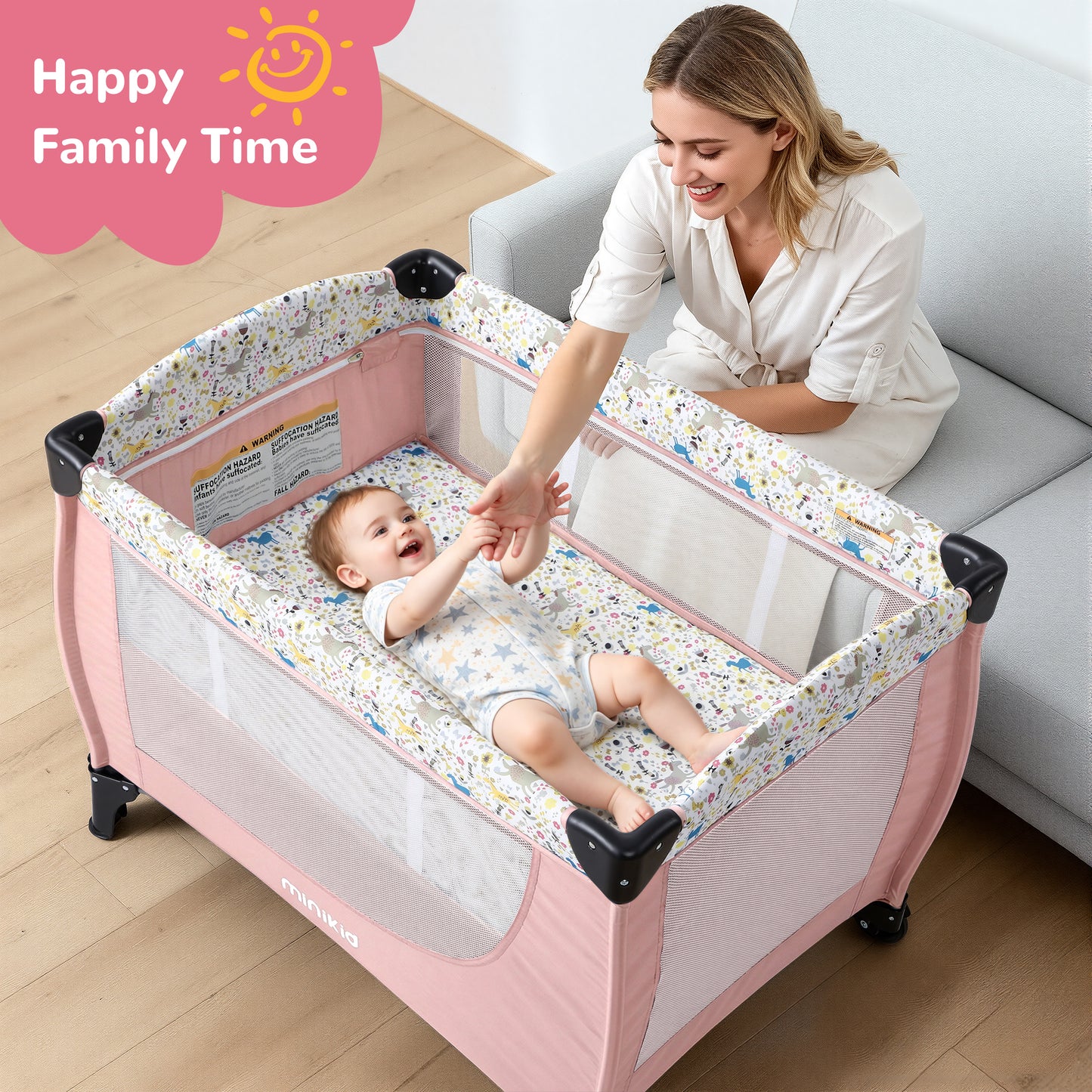 Minikid Baby Playard with Bassinet,Unisex Playpen Include Music Box and Hanging Toys,Portable Crib for Newborn to Toddlers,Pink