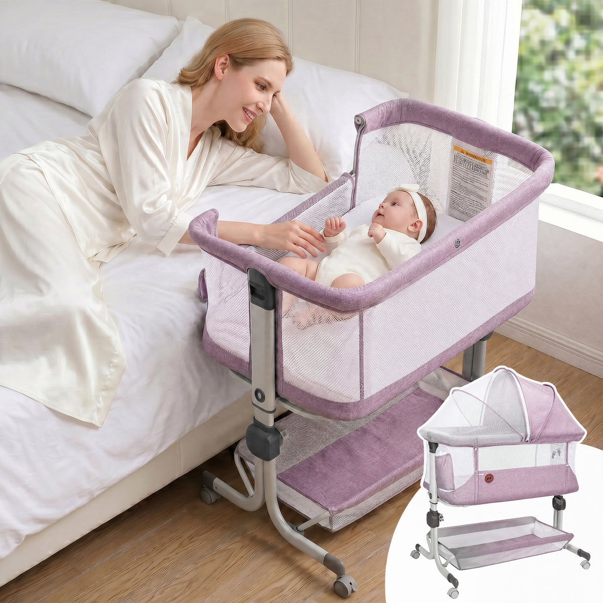 Vipuse 3-in-1 Baby Bassinet Bedside Sleeper, 6 Height Adjustments, Full Mesh Breathable, Portable Newborn Baby Crib with Storage Basket, Pinkish Purple