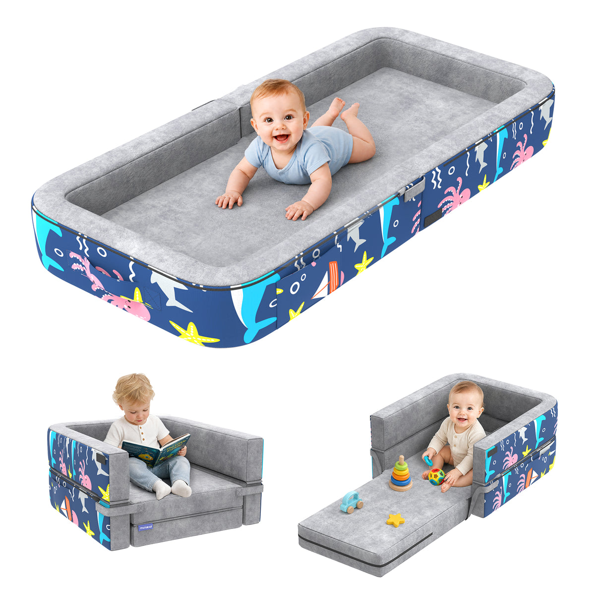Vipuse 3-in-1 Toddler Travel Bed,Foldable Kid Toddler Sofa Bed for Kids Camping Vacation,Memory Foam Filling,Grey
