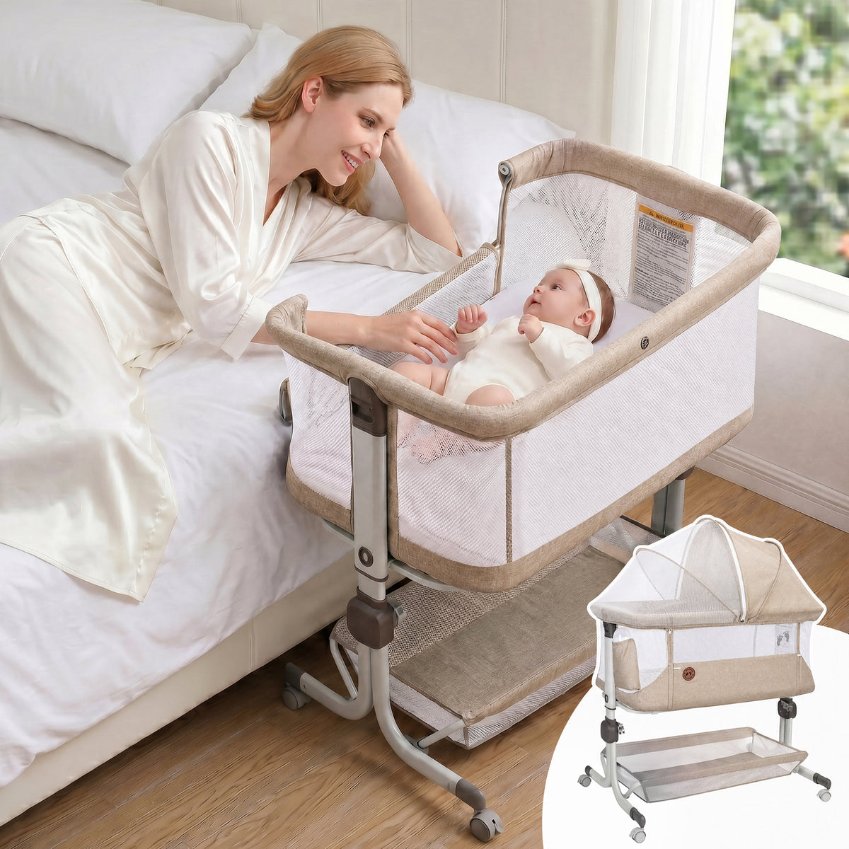 Vipuse 3-in-1 Baby Bassinet Bedside Sleeper, 6 Height Adjustments, Full Mesh Breathable, Portable Newborn Baby Crib with Storage Basket,Oatmeal