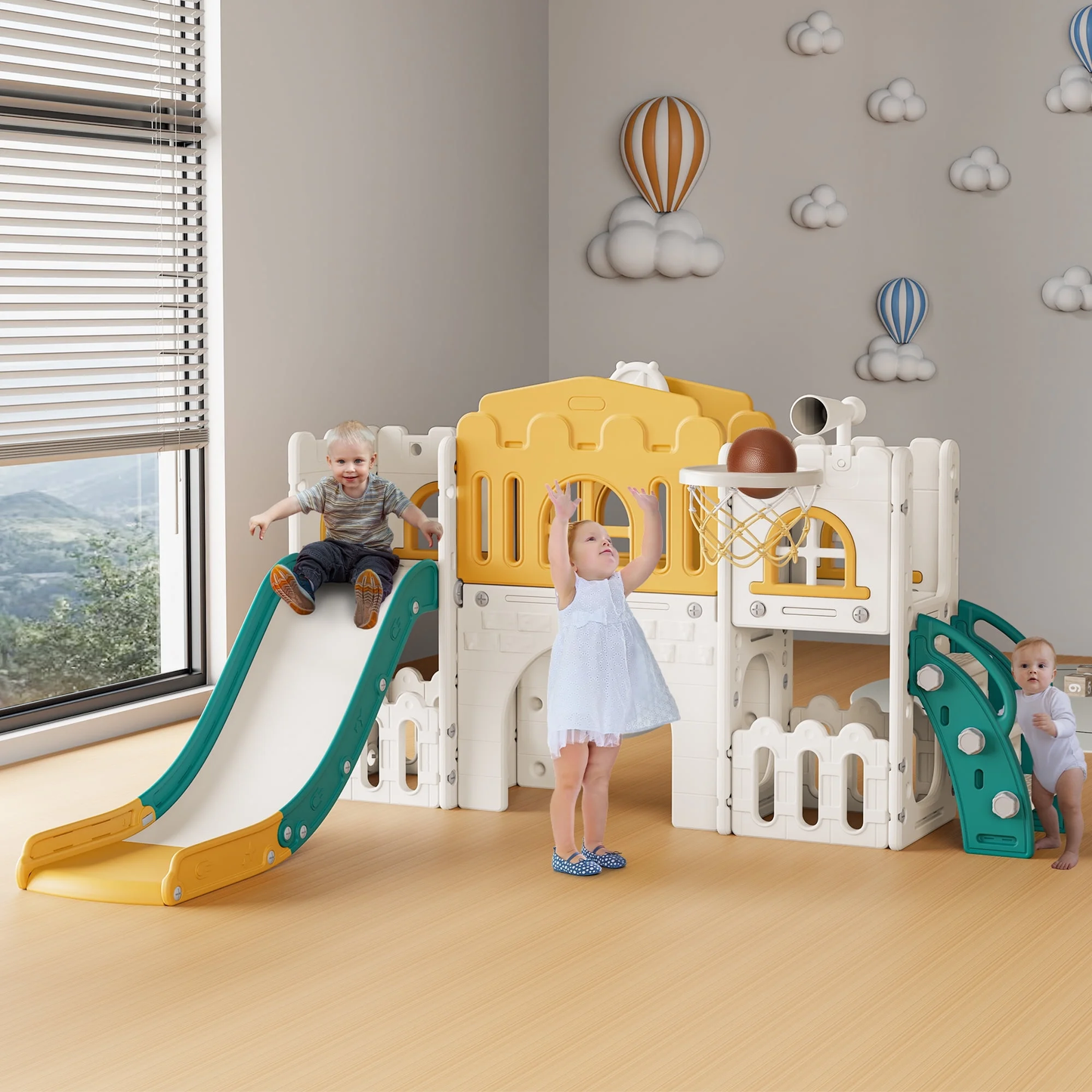 WFUN 9 in 1 Outdoor Freestanding Kids Slide Set for Toddlers Age 1+, Playground Set for Backyard, Yellow & Green