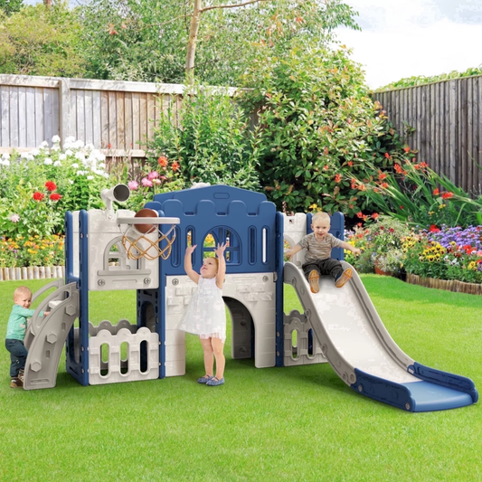 Vipuse 9 in 1 Toddler Slide Playset for Kids Indoor/Outdoor for Toddlers Age 1+, Blue & Gray