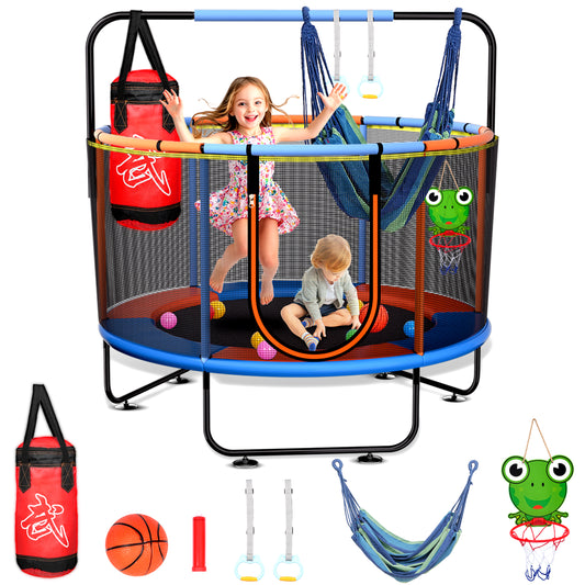 Skyhot 55" Indoor Outdoor Mini Round Trampoline for Kids with Enclosure Net and Basketball Hoop